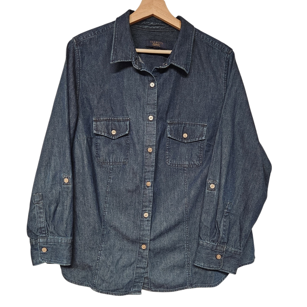 Talbots Plus Petite Denim Shirt 22WP Classic Cotton Button Down EUC